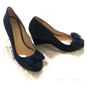 Jessica Simpson blue suede wedge with bow